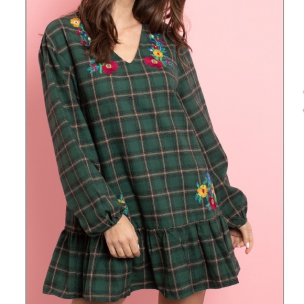 [New with Tags] Love Riche Green Plaid Dress with Embroidery